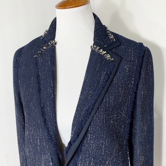 Vince Navy Blue Fringe Tweed Long Sleeve Open Front Blazer Jacket Size Small - Picture 9 of 14
